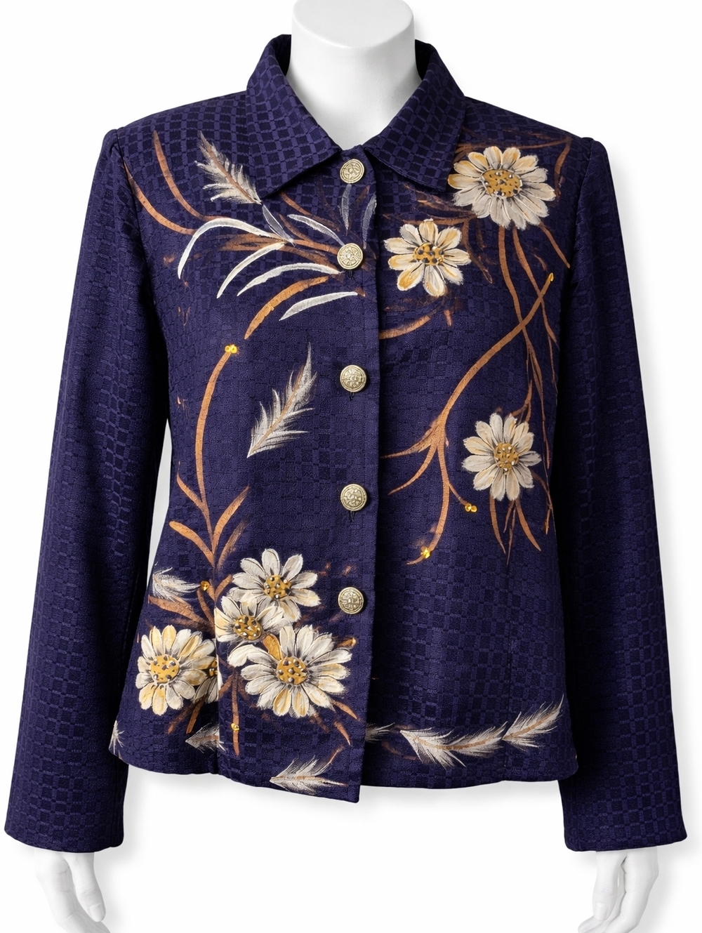 Alex Kim Blue Floral Embellished Jacket Small Artsy Button Front Blazer